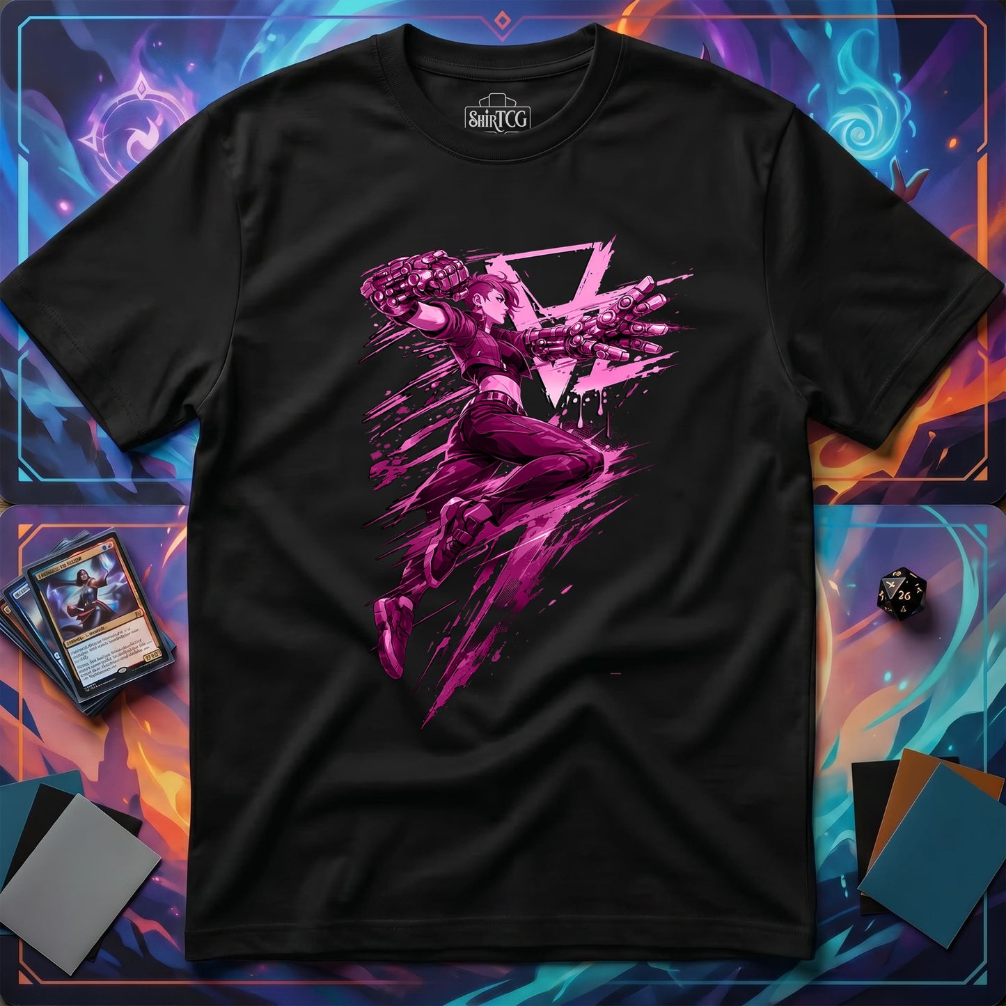 Cyberpunk Fighter T-Shirt — Pink-Haired Gauntlets Neon Streetwear