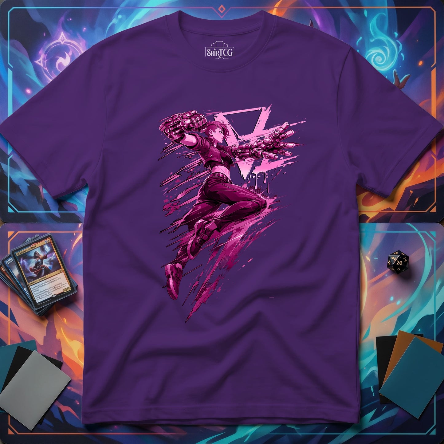 Cyberpunk Fighter T-Shirt — Pink-Haired Gauntlets Neon Streetwear